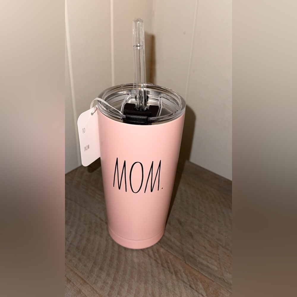 NWT RAE DUNN 17oz. Stainless Steel Pink Tumbler Cup with Lid & Straw ‘MOM’